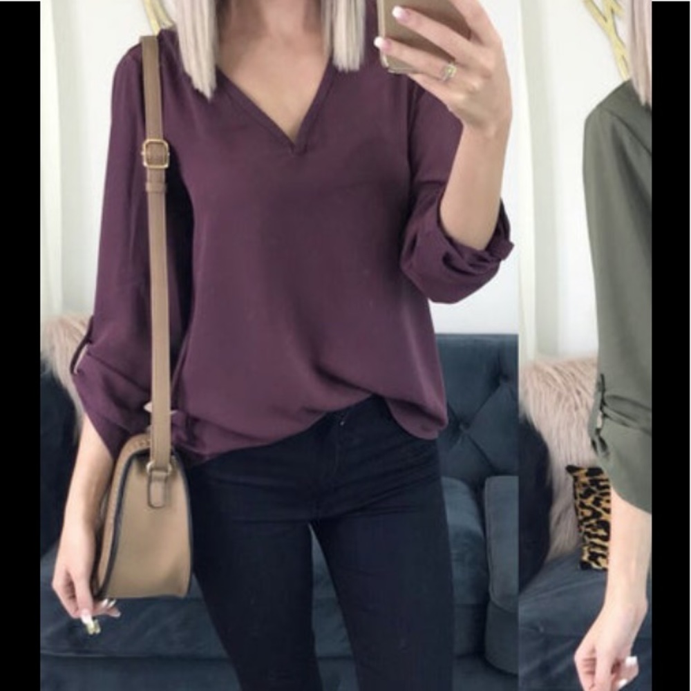 Chiffon vneck 3/4 length sleeve with button tab top